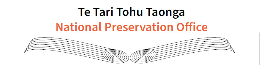 Words Te Tari Tohu Taonga, National Preservation office, and two swishes that make the shape of an open book. 