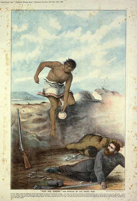 Colour chromolithograph of a Māori warrior handing a calabash to a Pākehā soldier on the ground. See Description below.