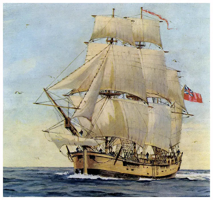 Colour illustration of the HMS Endeavour sailing on the water.