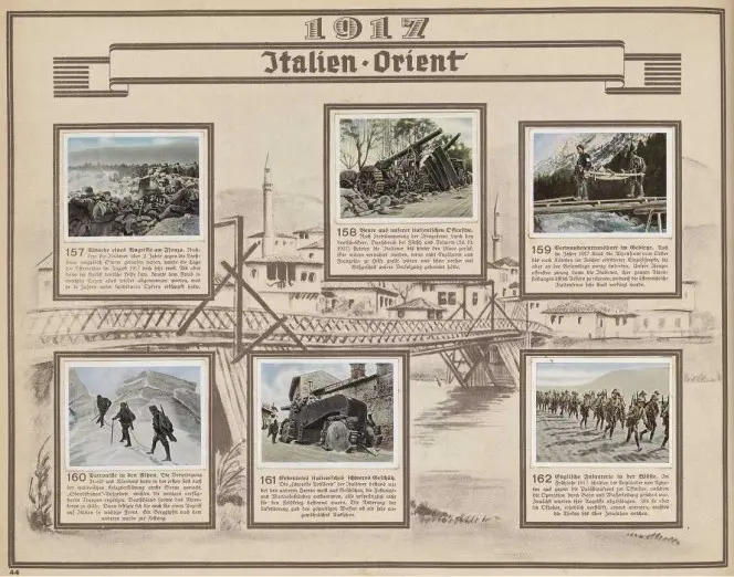 Page of coloured photographs from the first world war, presented with commentary.