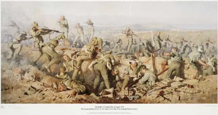 The battle of Chunuk Bair, painting showing the New Zealand Infantry Brigade in battle with Turkish forces.