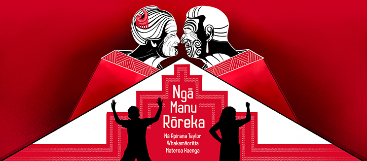 Red white and black image of hongi between a man and woman. Ngā manu rōreka Nā Apriana Taylor whakamāoritia Materoa Haenga.