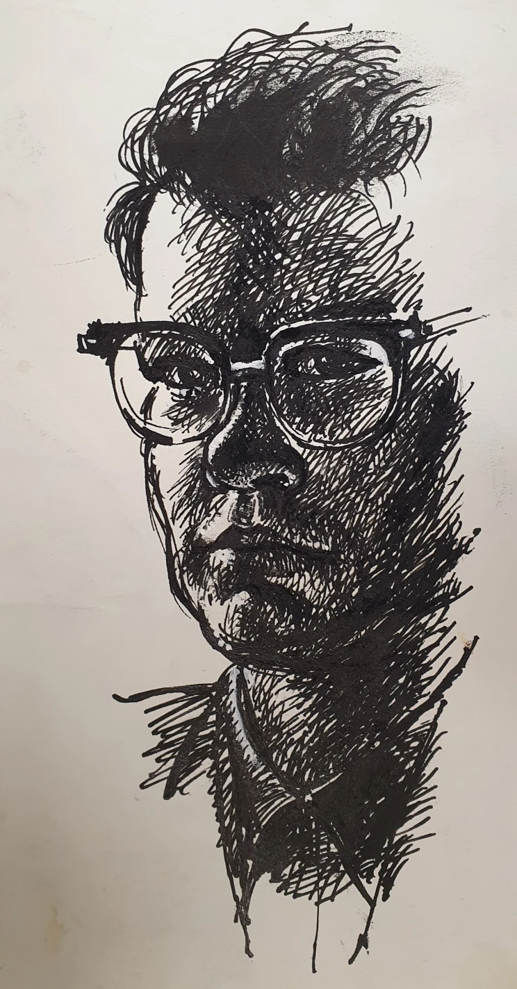 A sketch of a bust of a man wearing glasses.