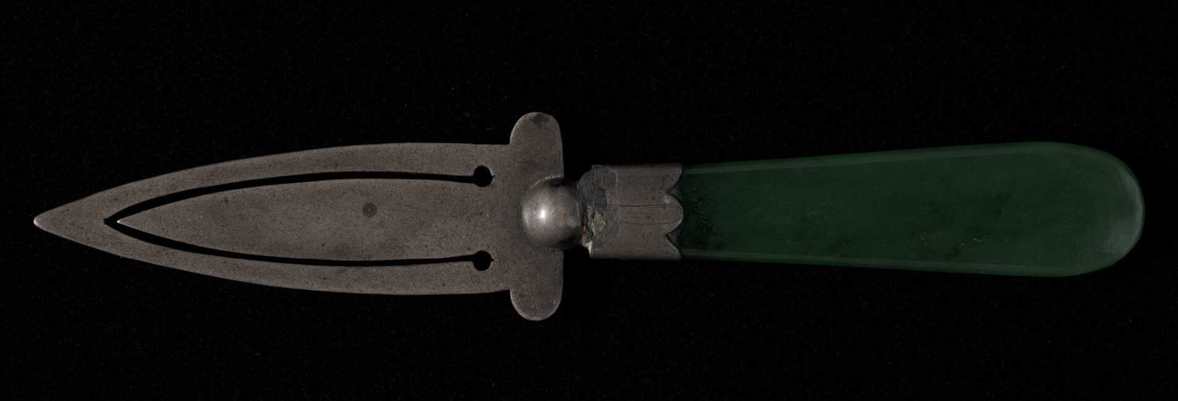 Deep green pounamu blade and silver handle bookmark that doubles as a letter opener