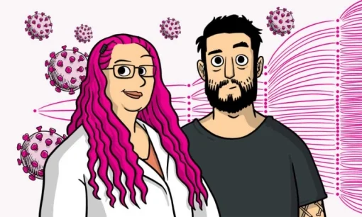 Illustration showing a woman in white lab coat with pink hair and a man in black t-shirt and beard. 