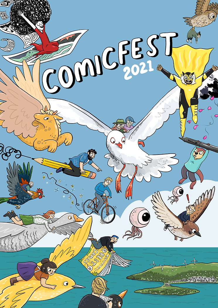 Comic drawing of a seagull and people flying on flying carpets, birds, pencils and a bicycle above Wellington. Words are Comicfest 2021.