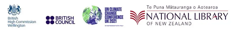 Logos for British High Commission Wellington, British Council, UN Climate Change Conference UK 2021, Te Puna Mātauranga o Aotearoa National Library of New Zealand.
