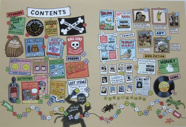Cartoon showing various miscellaneous items such as photographs, gloves and posters.