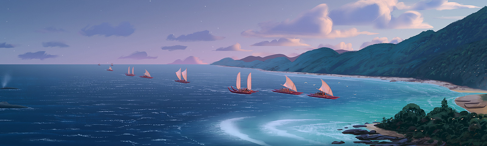 Colour artwork of a fleet of waka sailing towards the coastline.