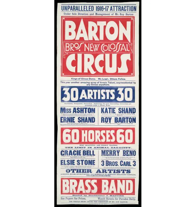 Poster for Barton Bros' New Colossal Circus. Shows arrangement of text and list of performers.