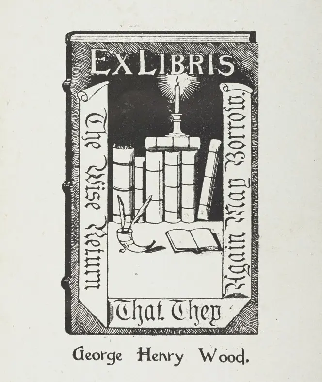 George Henry Wood's bookplate for Puck on Pegasus, showing a desk covered with books, lighted by candle.