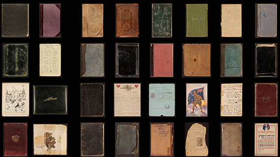 Image with black background and rows of coloured book covers.