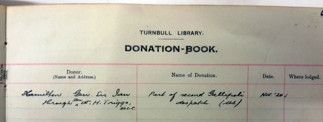 ATL Donation Book Vol 1. Shows the Donor and name of the donation, the date and where the donation was lodged.