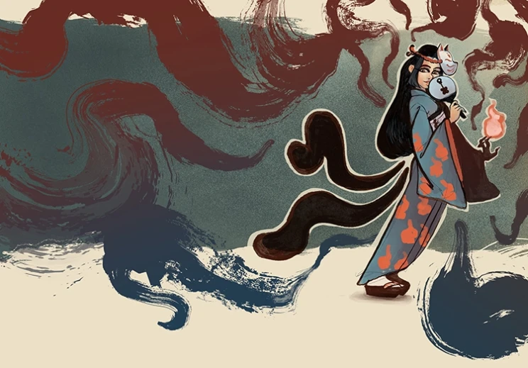 A graphic illustration showing a woman wearing a kimono or Japanese robe with swirling black smoke around her.