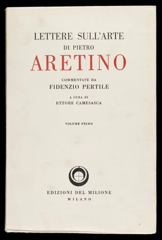 Cover of Pietro Aretino's Lettere sull’arte, very cleanly lettered.