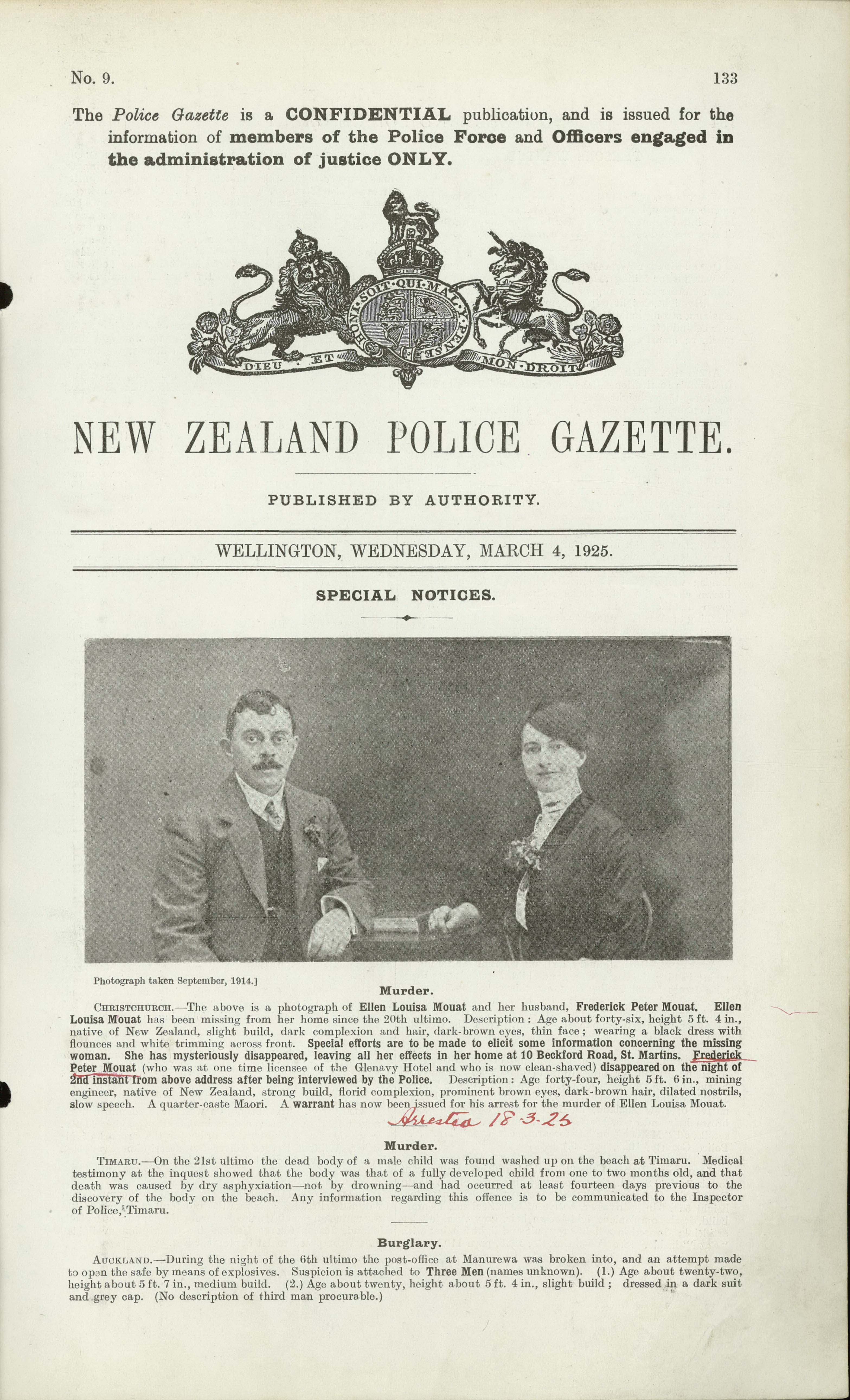 NZ Police Gazette photo of Ellen and Frederick Mouat