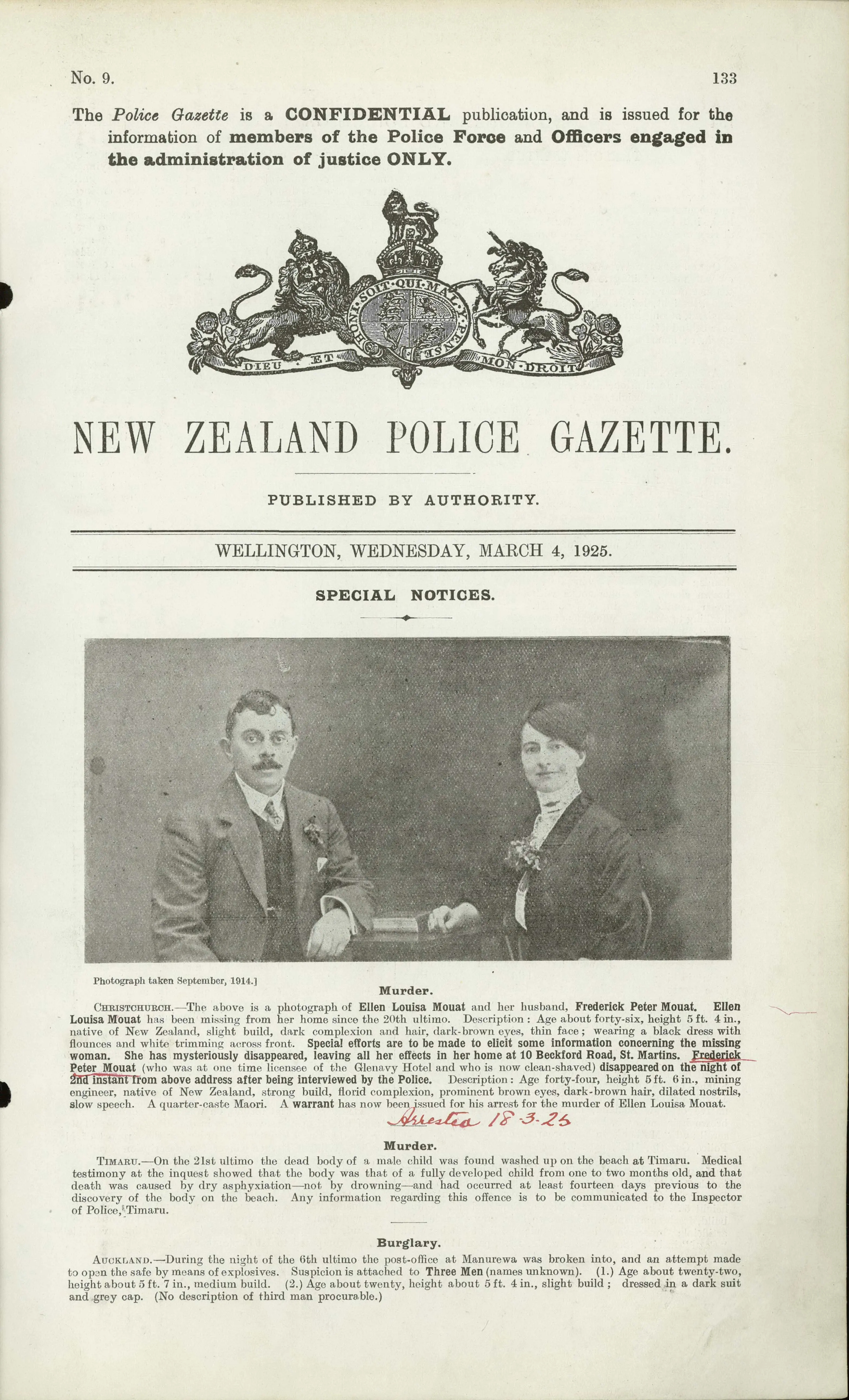 NZ Police Gazette photo of Ellen and Frederick Mouat