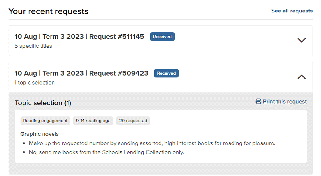 Screenshot of school lending service online form showing recent requests summary information and an expanded request with more details displayed,