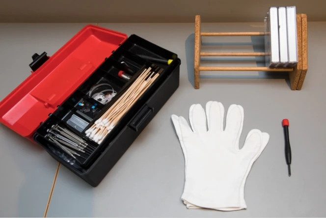 Some cleaning and calibration equipment used for cassette audio digitisation.