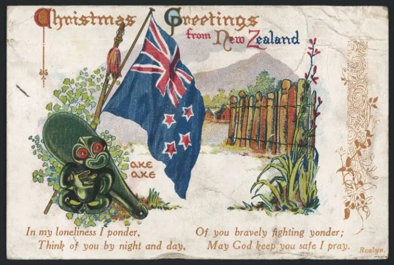 Christmas greeting card, showing New Zealand flag, hei tiki and patu, among other New Zealand symbols.