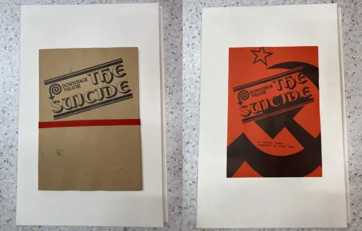 Two side-by-side posters, one in red and black ink and the other in tan and black ink with a red strip in the middle of it. 