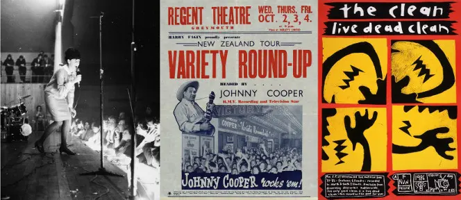 Three images: Maria Dallas performing on stage; Poster for the Variety Round Up with Johnny Cooper; Poster for Live Dead Clean.