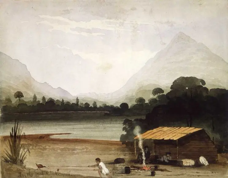 A watercolour depicting a scene from early New Zealand with a hut alongside a lake in the mountains, out front of the hut a small fire burns and a man appears to be using a noose to catch a weka or similar bird. 
