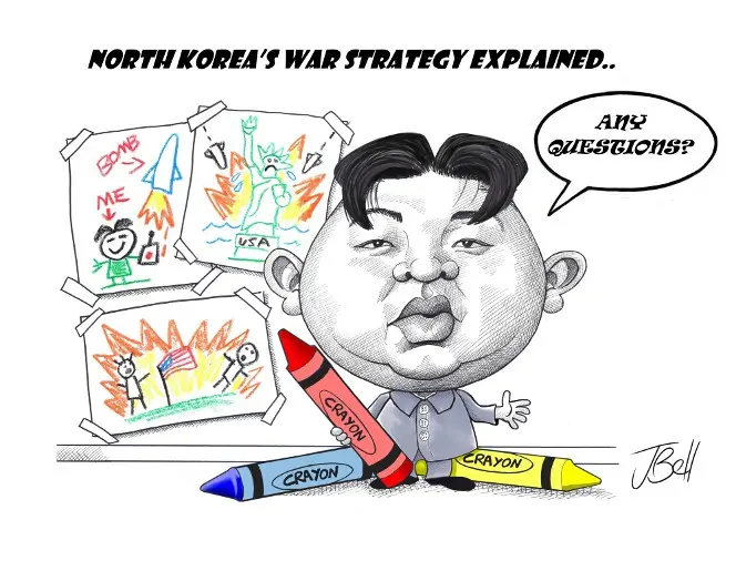 Cartoon by Jeff Bell, showing Kim Jong-Un with a crayon drawing plan to bomb the United States