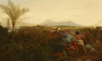 Landscape painting, with Mt Taranaki in the background, showing a group of Māori exchanging gunfire with settlers. A second group of Māori are driving cattle and horses away.