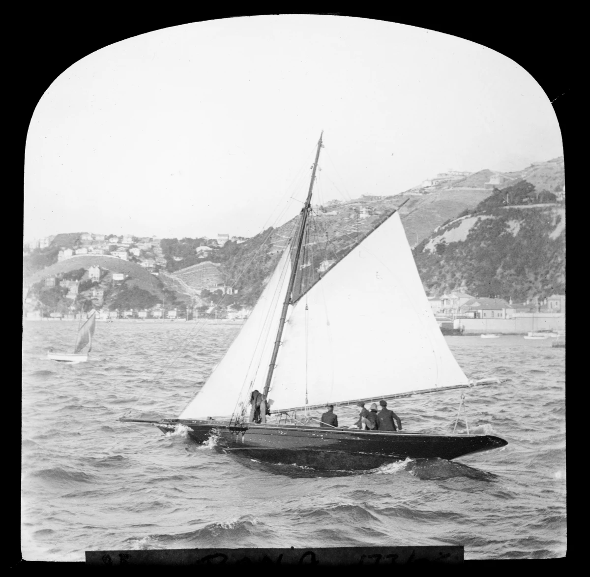 Black and white photo shows a sailboat under sail in Wellington Harbour with four to five people on board.