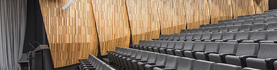 Seating and wooden panelling in Tiakiwai auditorium.