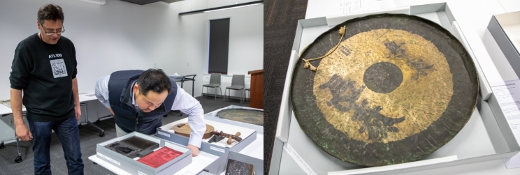 Two side by side images, on the left a man inspects up close some collection items and on the left a photo of large round copper gong.