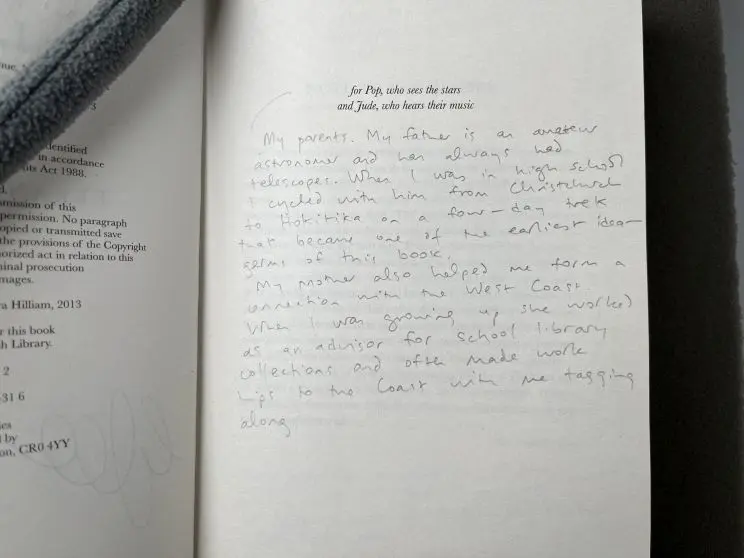 A handwritten note in pencil under the dedication, which reads — "For Pop, who sees the stars and Jude, who hears their music."