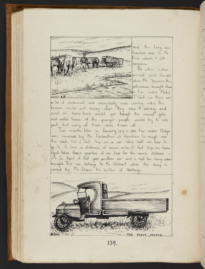 Page about motor vehicles, including illustrations of a farmer and a cart, and a new motor truck.