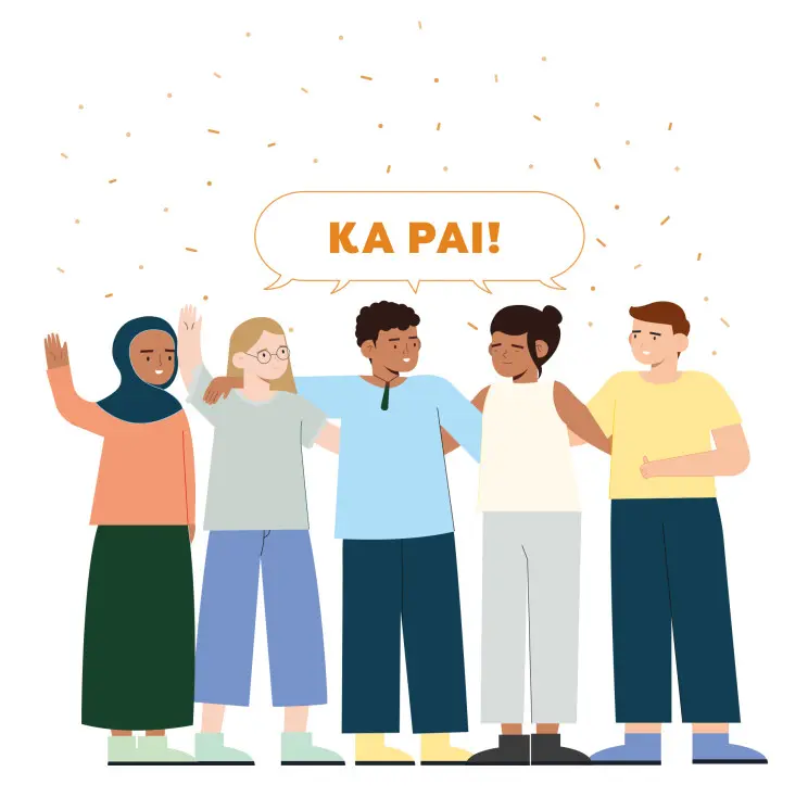 An illustration depicting a group of smiling people. Above them, a speech bubble reads "Ka pai!"