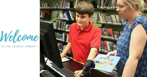 Student and school librarian issuing a book, next to the words 'Welcome to the school library!'