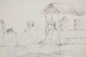 Pencil sketch of two men sitting outside a shelter covering beehives.  
