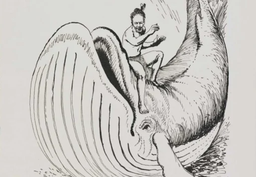 A man rides on the back of a whale, sitting just behind the whale's head while its tale curves upwards behind him. 