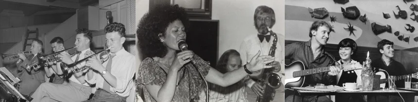 Three images: Jazz horn musicians, a singer with accompaniment, folk musicians in a cafe.