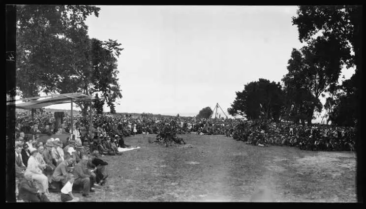 Crowd scene at Waitangi, 1934, showing Lord and Lady Bledisloe at left.