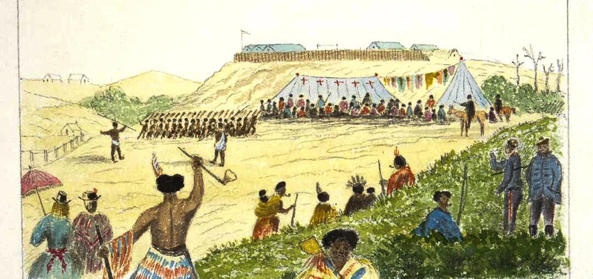 Painting of a Māori haka.  In the foreground, groups of Māori and Pakeha, including a man performing a challenge with an axe.