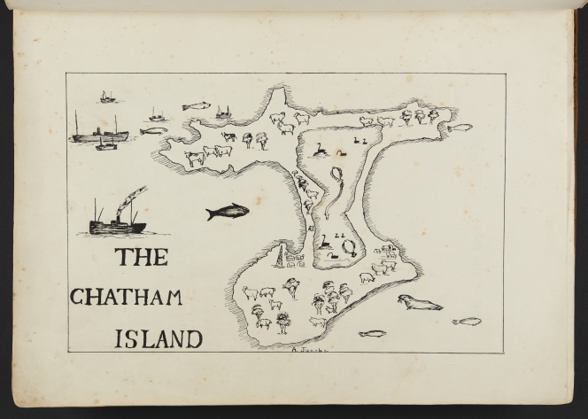 Map of the Chatham Island with little icons showing animals and plants.
