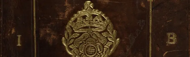 Upper cover showing the rose and crown stamp and initials I.B.
