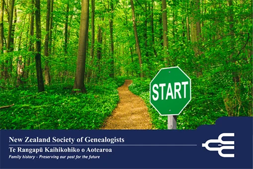 A path in the forest with a 'start' sign, and the text 'New Zealand Society of Genealogists'. 