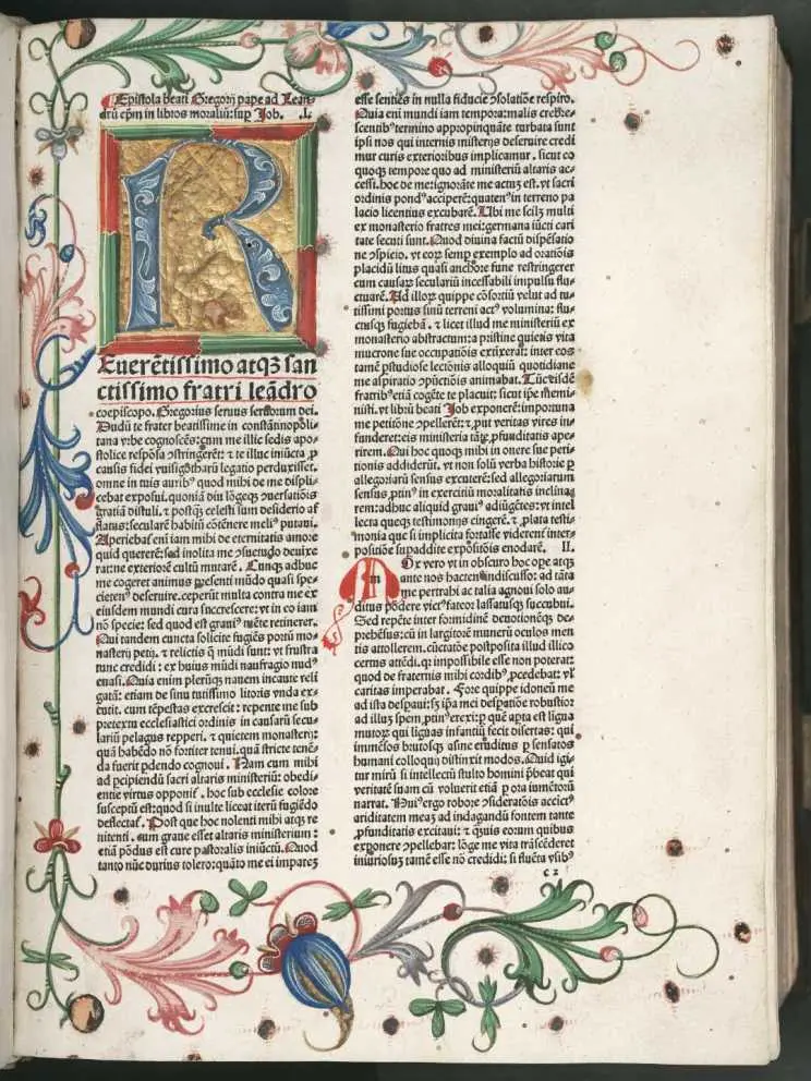 Illuminated letter R, with borders of the page decorated.