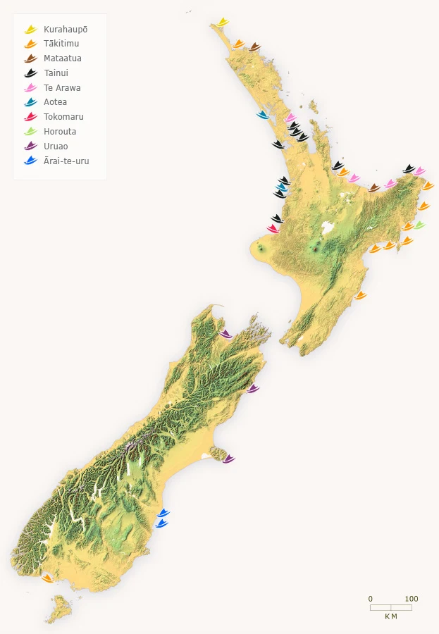Colour map of Aotearoa New Zealand showing the waka landing places. Described in image credit link: 'Waka landing places'.