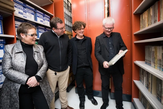 Hon Tracey Martin (Minister of DIA), Hon Grant Robertson (Associate Minister of Arts, Culture and Heritage) with Flying Nun Records directors Ben Howe and Roger Shepherd.