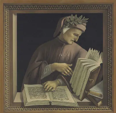 Painting of a man looking at a book. He is wearing a hat with a leaf on it. 