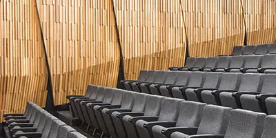 Seating and wooden panelling in Tiakiwai auditorium. 