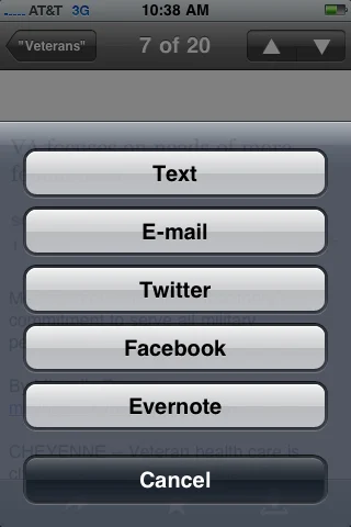 AP Mobile App for iPhone Bookmarking/Sharing Menu.